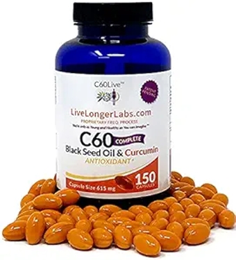 Generic Live Longer Labs C60 Complete Gel Caps Patent Approved 99.9Percent Pure Carbon Solvent Free C60 Carbon 150 Count with Black Seed and Curcumin, 150 Count (Pack of 1)