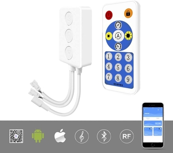 WS2812B WS2811 1903 Built-in Mic Music SP601E Bluetooth Controller with Dual Signal Output Ports for LED Module Pixel Strip Light Andriod iOS APP /3 Keys Button/RF Remote Control