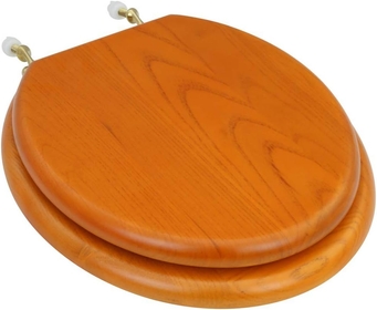 Renovators Supply Manufacturing Golden Oak Wooden Toilet Seat Round Toilet Seat with Brass PVD Hinges and Non Slip Bumper