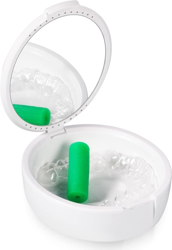 Dental Orthodontic Retainer Case with Mirror Denture Holder Case Slim, Mouthguard Night Guard Storage Box Container with Vent Holes for Office|Travel|Household - White