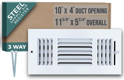10"W x 4"H [Duct Opening Size] 3 Way Steel Air Supply Diffuser | Register Vent Cover Grill for Sidewall and Ceiling | White | Outer Dimensions: 11.75"W X 5.75"H for 10x4 Duct Opening