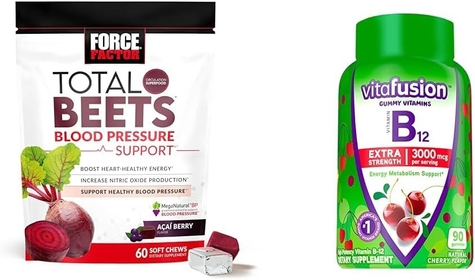 Total Beets Blood Pressure Support with Grapeseed Extract & Vitafusion Extra Strength B12 for Energy, Cherry Flavored Gummies