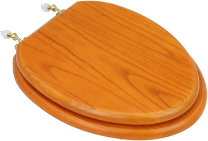 Renovators Supply Manufacturing Golden Oak Wooden Toilet Seat Elongated Toilet Seat with Brass PVD Hinges and Non Slip Bumper