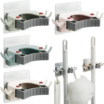 4 Pcs Broom Holder Wall Mount Self Adhesive Mop and Broom Organizer No Drill Individual Broom Hangers Wall Mount with Hooks Design for Bathroom, Kitchen, Laundry Room Storage, 4 Colors