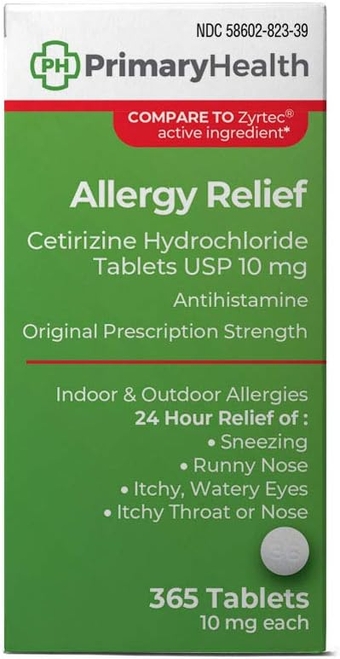 24 Hour Allergy Relief Cetirizine Hydrochloride 10mg Tablets, 365Count, White