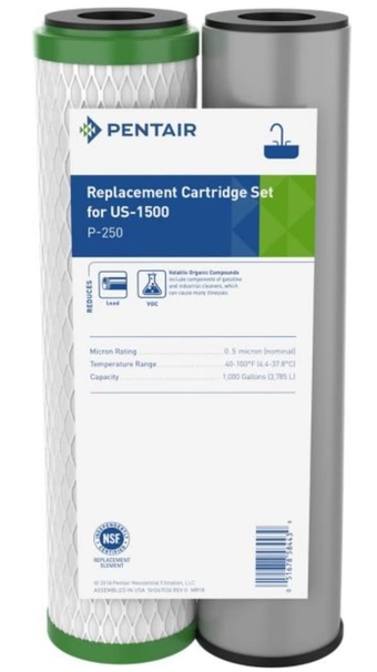 Pentair  P-250 Water Filter Set, 10-Inch Replacement Cartridge Set for Use in the US-1500 Under Sink Drinking Water System, 10" x 2.5", 0.5 Micron, Compatible with many Culligan and GE systems