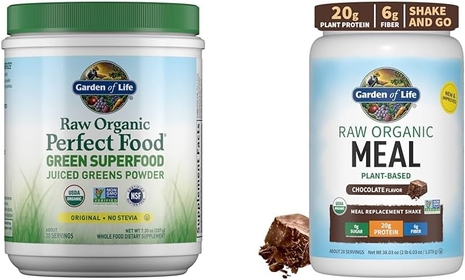 Raw Organic Perfect Food Green Superfood Juiced Greens Powder & Raw Organic Meal Replacement Shakes - Chocolate Plant Based Vegan Protein Powder