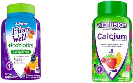 Fiber Well Probiotics Gummies Adults 60 Count & Calcium Gummy Vitamins Bone Teeth Support Fruit Cream Flavored 100 Count