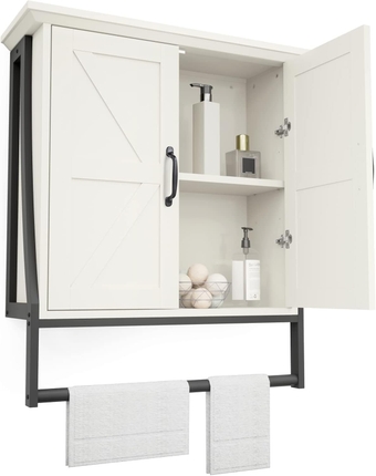 Bathroom Cabinet Wall Mounted, Bathroom Wall Cabinet Above Toilet, 2 Barn Door Wall Cabinet for Bathroom Storage Wall Hanging Medicine Cabinet with Towel Bar (Cream White)