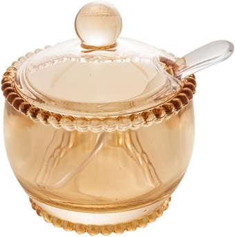 - Pearl Crystal Beaded Sugar Bowl with Lid and Spoon - Sugar Holder, Dish for Candy Dispenser, Jelly Jar - Luxury Glassware, Dinner Accessories, Dish Set, Kitchen Utensils - Amber