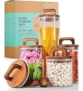 BELLE TERRE Premium Glass Jar Set - 5 Canisters with Airtight Natural Acacia Lids, Custom Labels ...