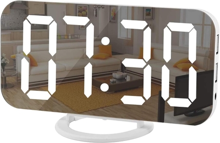 Digital Clock Large Display, LED Electric Alarm Clocks Mirror Surface for Makeup with Diming Mode, 3 Levels Brightness, Dual USB Ports Modern Decoration for Home Bedroom Decor-White