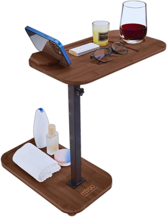 Adjustable Side Table, Couch Tables That Slide Under with Adjustable Height, Bamboo TV Trays for Couch Arm with 360° Rotating Phone Holder, C Shaped Side Table (Brown)
