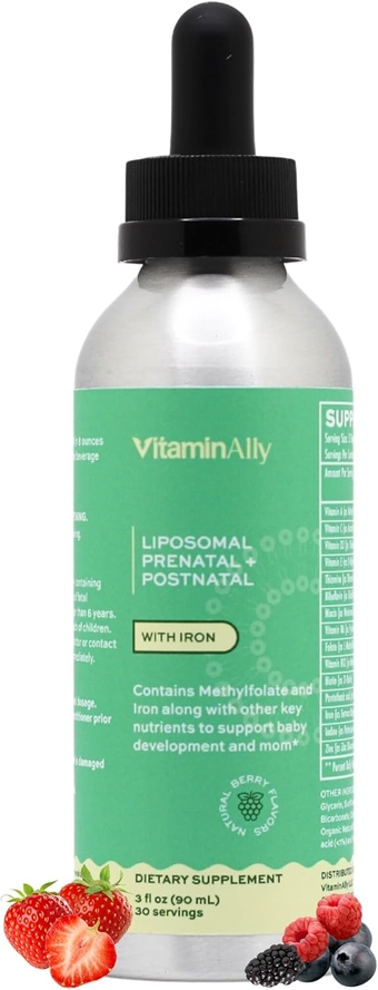 Prenatal + Postnatal liposomal Liquid Drops with Iron | 30 Day Supply | 3 FL Oz | Non-GMO | No Added Sugars | Gluten Free | Easy to Swallow | Supports Both Baby Development and Mom (Berry)