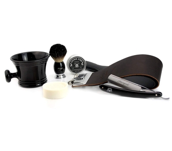 Complete Classic Style Vintage Shaving Set (leather strop with paste, badger hair brush, straight cut razor, shaving mug with soap)