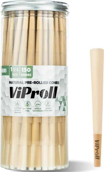 Pre Rolled Cones 1 1/4 Size 150 Pack, Natural Unbleached Cones Rolling Papers with W-shaped Tips, Slow & Even Burning Preroll Cones for Weed Packing Tubes Included for Party Gift (84mm)