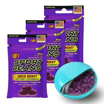 Jelly Belly Sports Beans 3-Pack (1oz bags) and Mini Candy Dispenser - Berry Flavor - Enriched with Vitamins and Electrolytes - Small Travel Case (7.5 x 2.5cm) - Pocket Size for Running, Cycling