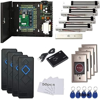 4 Door Access Control System with 600lbs Magnetic Lock Access Control Panel 110V Power Supply Box RFID Reader No Touch Exit Button Enroll USB Reader RFID Card Key Fob Phone APP Remotely Open Lock