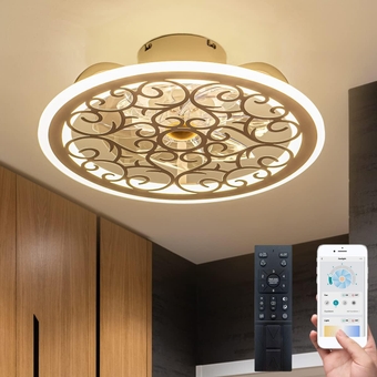 20 Inch Small Caged Ceiling Fan with Light for Bedroom, Enclosed Modern Low Profile Flush Mount Ceiling Fans with Remote Control, White