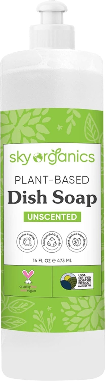 Plant-Based Unscented Dish Soap, USDA Bio-Based, Non-Toxic Biodegradable Formula for Household Cleaning, 16 fl. Oz
