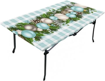 Christmas Balls Turquoise Tablecloth Fitted Table Cover for 6ft Tables - Waterproof Wipeable Elastic Table Cloth for Outdoor Picnic Camping Dining Party, Buffalo Pine Cones Berries 32"x72"