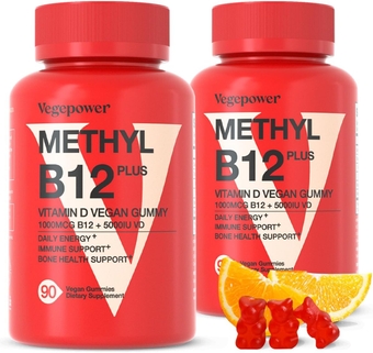 Vitamin B12 Gummies with Vitamin D - 180 Count I 1000 mcg Methyl B-12 & Vitamin D 5000 IU Gummy Supplements for Adults - Supports Bone Health & Energy Boost - Vegan, Non-GMO, Orange Flavor Bears