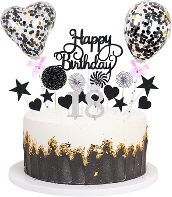 Black Birthday Cake Topper Supplies Acrylic Glitter 18th Happy Birthday Cake Deco with Confetti Balloon Paper Fans Stars Firework Cupcake Toppers for Baby Shower Birthday Party - Silver 18