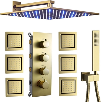 Shower Jets System Wall Mount LED 12" Brass Rainfall Thermostatic Shower System Bathroom Shower Faucet Set Brushed Gold Shower Fixtures With 6 PCS Shower Body Spray