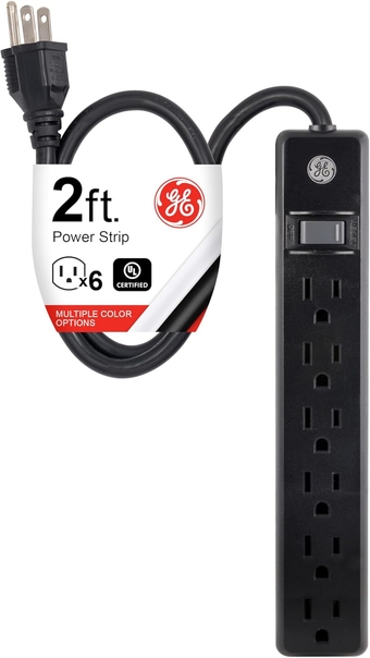 6-Outlet Power Strip, 2 Ft Extension Cord, Heavy Duty Plug, Grounded, Integrated Circuit Breaker, 3-Prong, Wall Mount, UL Listed, Black, 14831