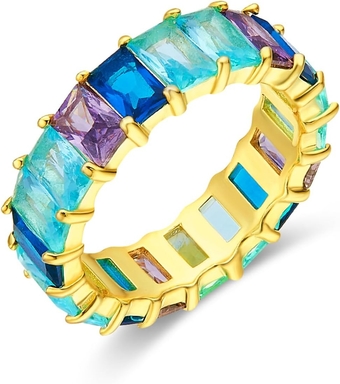 Eternity Rainbow Ring 18K Gold Plated Emerald-Cut Multi Color AAA Created-Gemstone Rainbow Ring, Stackable Ring, Wedding Band for Women Gift For Her