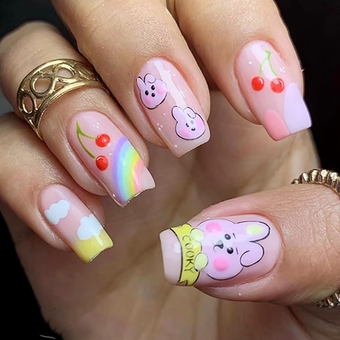 Short Square Press on Nails Easter Fake Nails Pink Actylic Nails with Cute Bunny Rainbow Cherry Pattern Designs French False Nails Stick on Nails Artificial Full Cover Nails for Women and Girls 24Pcs
