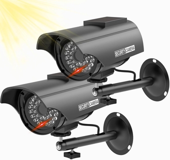 Solar Powered Fake Simulated Camera, Dummy Security Camera Indoor Outdoor with 1 LED Light, Security Alert Sticker Decal (SOLTC-B2), 2 Packs, Black