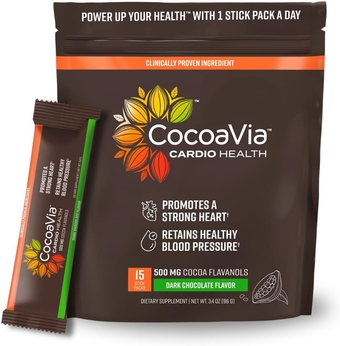 Cardio Health Cocoa Powder, 15 Single Serve Sticks, 500mg Cocoa Flavanols, Support Heart Health, Boost Nitric Oxide, Improve Circulation, Energy, Preworkout, Travel-Friendly, Vegan, Cacao