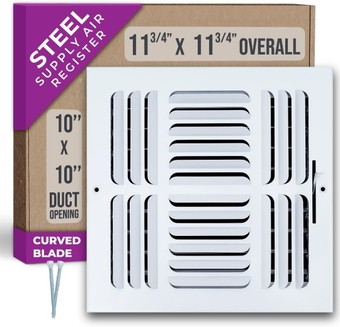 10"W x 10"H [Duct Opening Size] 4 Way Fixed Curved Blade Air Supply Diffuser | Register Vent Cover Grill for Sidewall and Ceiling | White | Outer Dimensions: 11.75"W X 11.75"H