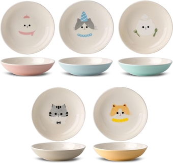 Ceramic Cat Bowls Set - 5.5 inch Wide Cat Food Bowls Whisker Fatigue Friendly, 5 Colorful Cat Dish Kitten Dishes with Cute Cat Pattern, Cat Plates for Wet Food Dry Food Water