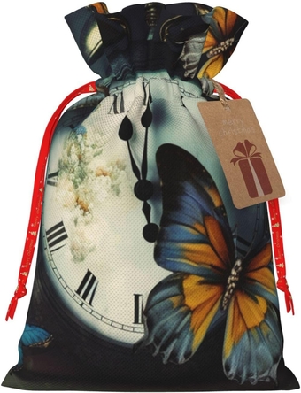 Clock Butterfly Christmas Gift Bags with Drawstring Burlap Christmas Treat Bags Reusable Christmas Candy Bag Gift Wrapping Bag Party Favors Bags