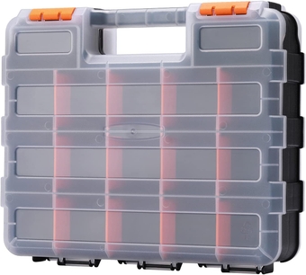 Double Side Tool Organizer with Impact Resistant Polymer and Customizable Removable Plastic Dividers, Hardware Box Storage, Excellent for Screws, Nuts, Small Parts, Black/Orange