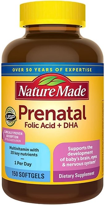Nature Made Prenatal with Folic Acid + DHA, 200mg Prenatal Vitamin and Mineral Supplement for Daily Nutritional Support, 150 Softgels, 150 Day Supply