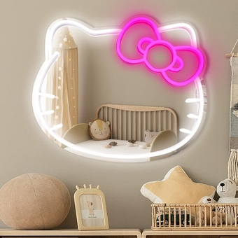 Wall Mirror with 12V Adapter, L16.1" W14.1" Anime Neon Sign for Dresser, Locker Room, Living Room, Kid Room, Neon Light up Acrylic Mirror with Dimmable for Children's Gift Neon Mirror