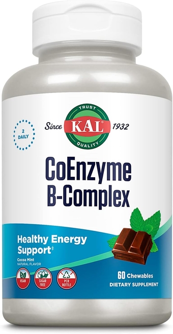 CoEnzyme Vitamin B Complex, Chewable B Vitamins for Healthy Energy, Red Blood Cell and Nerve Function Support w/Vitamin B12, B6, Folic Acid, Natural Cocoa Mint, Vegan, Sugar Free, 30 Serv, 60ct