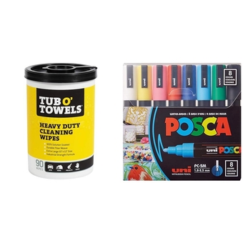 O  TW90 Heavy-Duty 10" x 12" Size Multi-Surface Cleaning Wipes, 90 Count Per Canister & 8 Posca Paint Markers, 5M Medium Markers with Reversible Tips, Marker Set