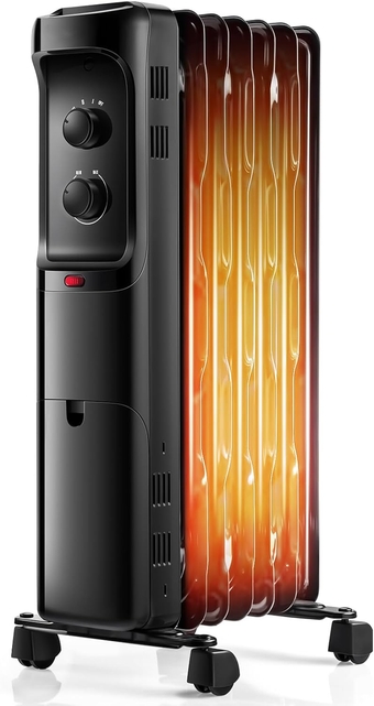 Oil Filled Radiator Heater, 1500W Electric Heater with Adjustable Thermostat, 3 Heating Mode, Tip-Over & Overheat Protection, Portable Space Heater for Bedroom Office Indoor Use (Black)