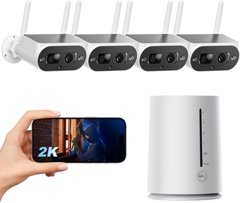 Solar Home Security Camera System Wireless Outdoor, 2K 4MP Battery Camera with Integrated Solar Panel, 100% Wire-Free 4-Cam Kits, 2-Way Talk, IP66, Spotlight & Siren Alarm