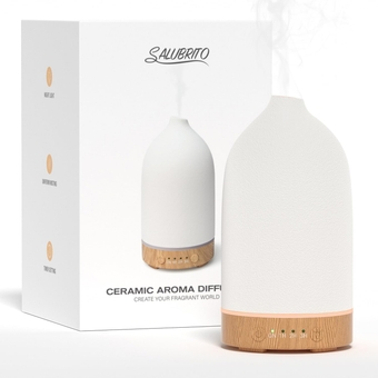 SALUBRITO Ceramic Essential Oil Diffuser, 100ml Stone Diffusers for Essential Oils, Ultrasonic Aromatherapy Diffusers for Home, Bedroom, Office, Yoga, Indoor, Chimney Style Misting - White