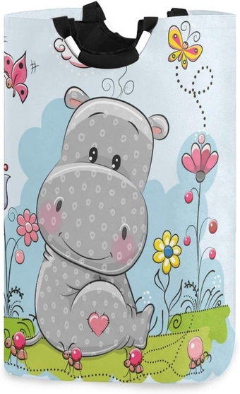 Cute Cartoon Hippo Laundry Hamper 52L Large Laundry Baskets Oxford Collapsible Dirty Clothes Tote Storage Bag with Handles Foldable Washing Basket Bin for Bedroom Bathroom Closet
