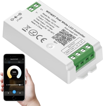 C02W WiFi Bluetooth Dual White LED Strip Controller Group Control Support Tuya Smart Life APP/Voice Control Compatible with LM091 LM096 LM007 LM097 CCT Remote DC12-24V