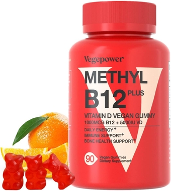 Vegan Vitamin B12 Gummies with Vitamin D - 90 Count I 1000 MCG Methyl B-12 & D3 5000 IU Chewable Gummies Supplements for Adults & Kids - Supports Bone Health & Daily Energy Boost - Non-GMO, Orange