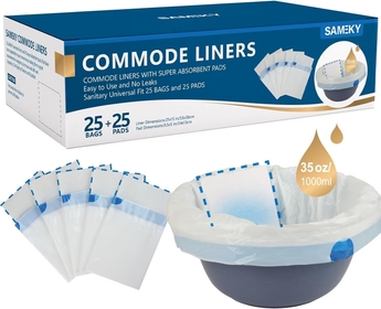 25 Pack Commode Liners with Absorbent Pads, 25 Count Bedside Commode Liners and 25 Count Commode Pads | Universal Fit | Portable Toilet Liners for Adult Commode Chairs, Make Caregiving Easier