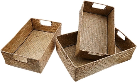 4 Pcs Woven Sundries Baskets Woven Storage Baskets Seagrass Storage Baskets Rectangular Storage Basket Bathroom Organization Basket Wicker Office Manual Wooden Flower Basket Stand