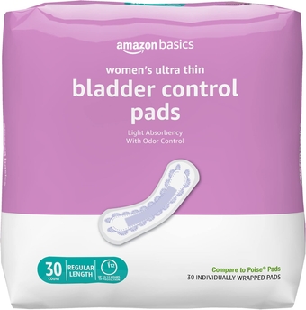 Ultra Thin Incontinence, Bladder Control & Postpartum Pads for Women, Regular Length, Light Absorbency, Unscented, 30 count, 1 Pack (Previously Solimo)